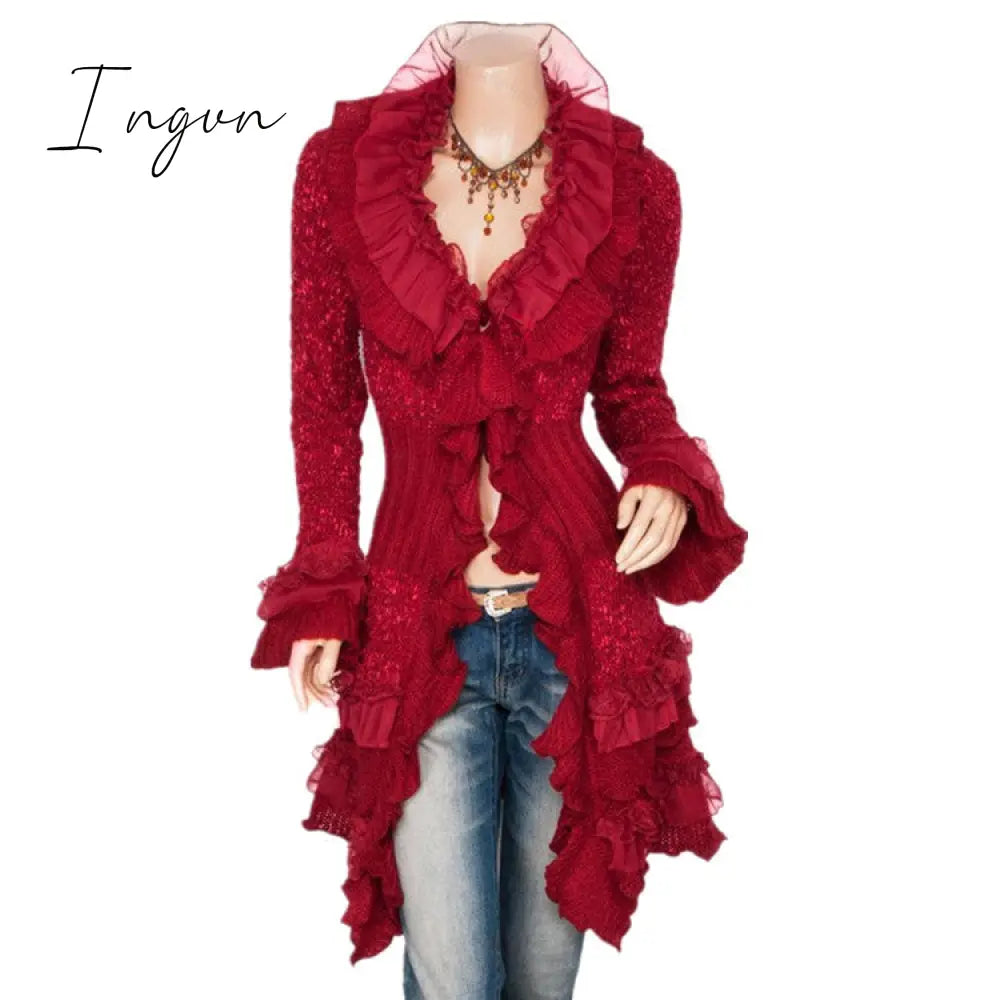 Ingvn - Cardigan Sweater Women’s Knitted Single-Breasted Lace Bell Sleeve Mid-Length Coat Wine