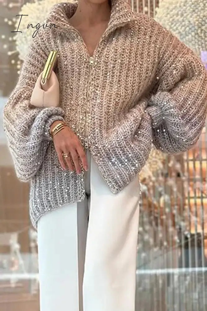 Ingvn - Casual Celebrities Elegant Sequins Turndown Collar Tops Cream White / Xs Tops/Sweaters &