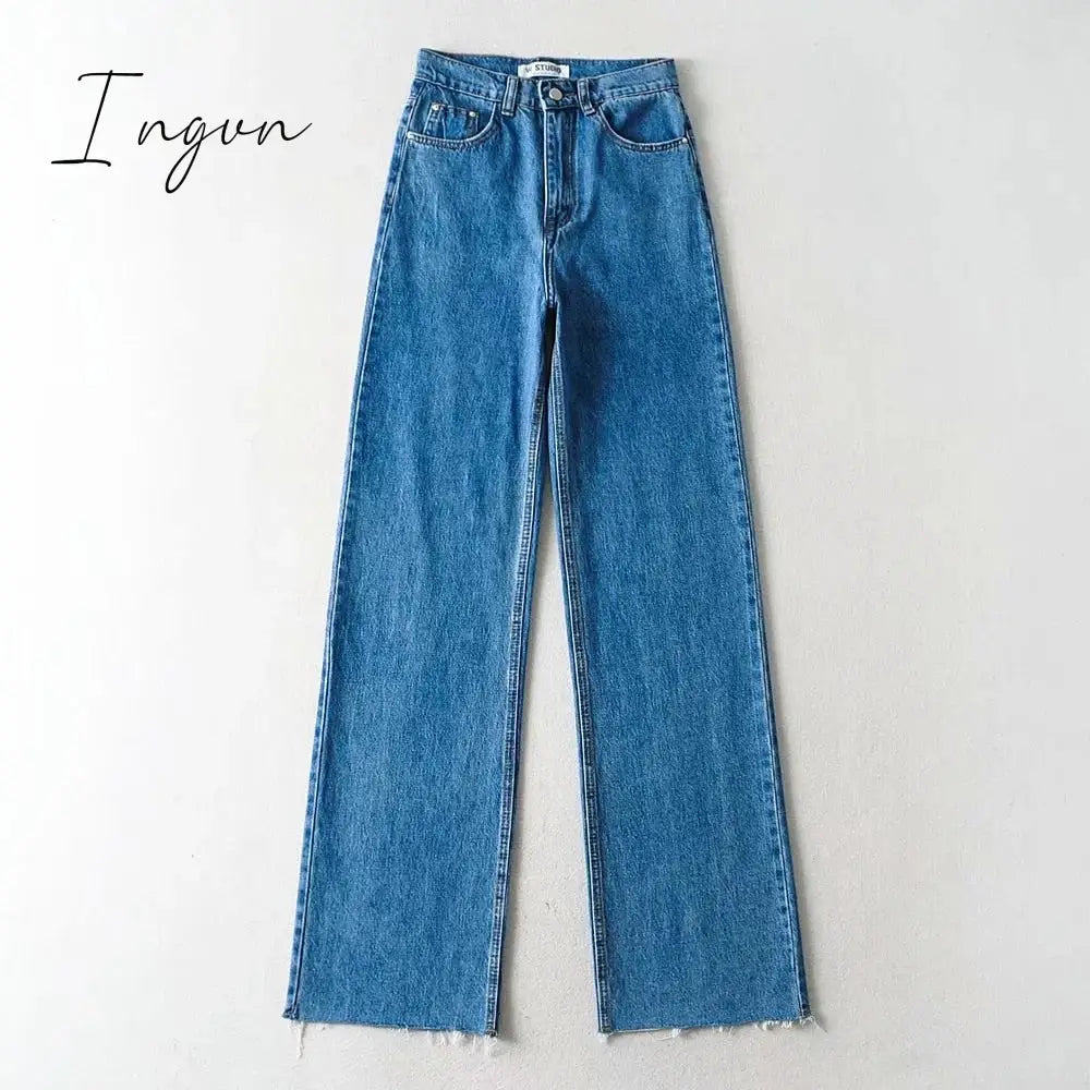 Ingvn - Casual Fashion Straight Leg Women’s Jeans Denim Bottom Harajuku Boyfriend Long High Waist