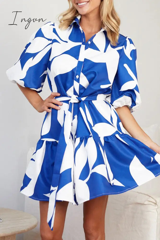 Ingvn - Casual Geometric Print Bandage Turndown Collar A Line Dresses Blue / S Dresses/Casual