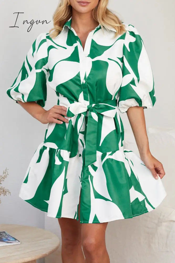 Ingvn - Casual Geometric Print Bandage Turndown Collar A Line Dresses Green / S Dresses/Casual