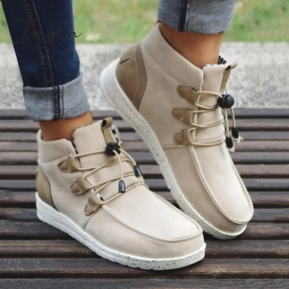 Ingvn - Casual Laced Front Ankle Boots Beige / 5