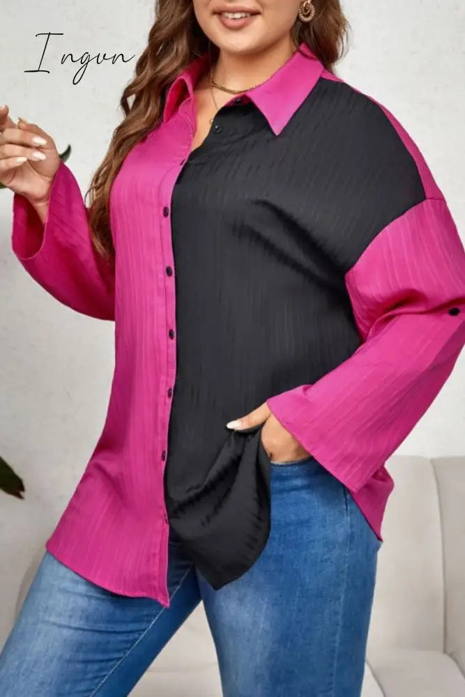 Ingvn - Casual Patchwork Contrast Shirt Collar Plus Size Tops Size/Plus