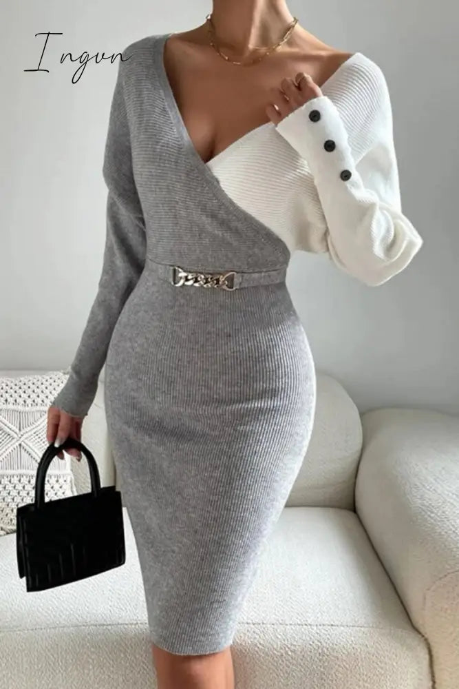 Ingvn - Casual Patchwork Contrast V Neck Long Sleeve Dresses Grey / S Dresses/Long