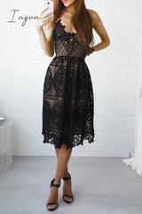 Ingvn - Casual Patchwork Lace Spaghetti Strap Dress Dresses Black / S Dresses/Lace