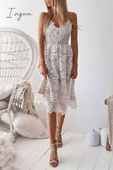 Ingvn - Casual Patchwork Lace Spaghetti Strap Dress Dresses White / S Dresses/Lace