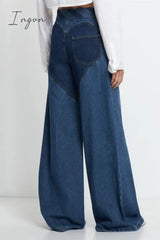 Ingvn - Casual Patchwork Metal Accessories Decoration Contrast High Waist Regular Denim Jeans
