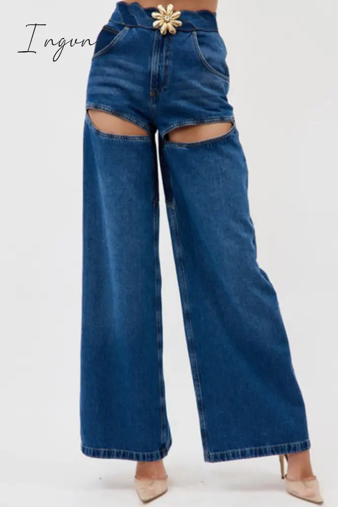 Ingvn - Casual Patchwork Metal Accessories Decoration Contrast High Waist Regular Denim Jeans