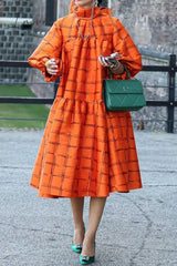 Ingvn - Casual Plaid Patchwork Turtleneck Long Sleeve Dresses Orange / S Dresses/Long