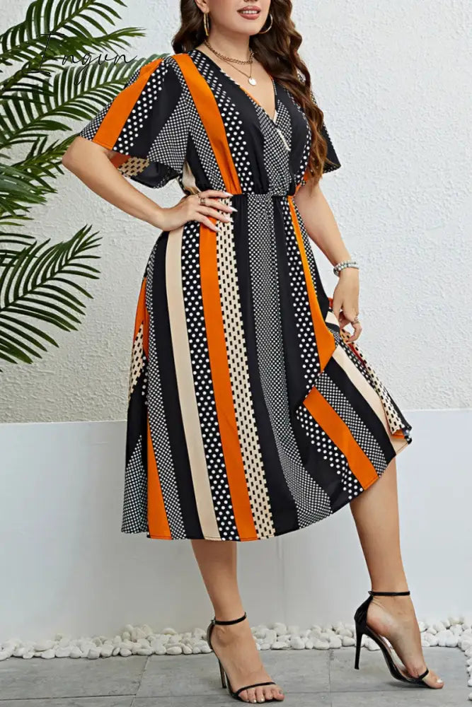 Ingvn - Casual Print Patchwork V Neck Short Sleeve Dress Plus Size Dresses Size/Plus