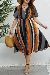 Ingvn - Casual Print Patchwork V Neck Short Sleeve Dress Plus Size Dresses Multicolor / Xl Size/Plus