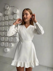 Ingvn - Casual Ruffle Mini Dress Ladies Elegant Long Sleeve V - Neck Party New Fashion Solid Sweet