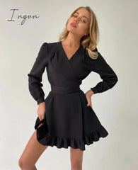 Ingvn - Casual Ruffle Mini Dress Ladies Elegant Long Sleeve V - Neck Party New Fashion Solid Sweet