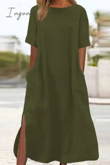 Ingvn - Casual Simplicity Leopard Pocket Slit O Neck Short Sleeve Dresses Dresses/Casual