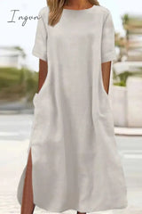 Ingvn - Casual Simplicity Leopard Pocket Slit O Neck Short Sleeve Dresses Dresses/Casual