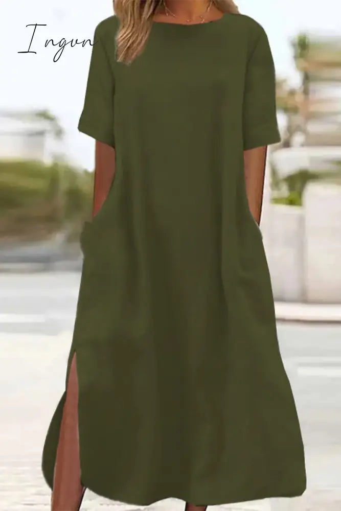 Ingvn - Casual Simplicity Leopard Pocket Slit O Neck Short Sleeve Dresses Army Green / S