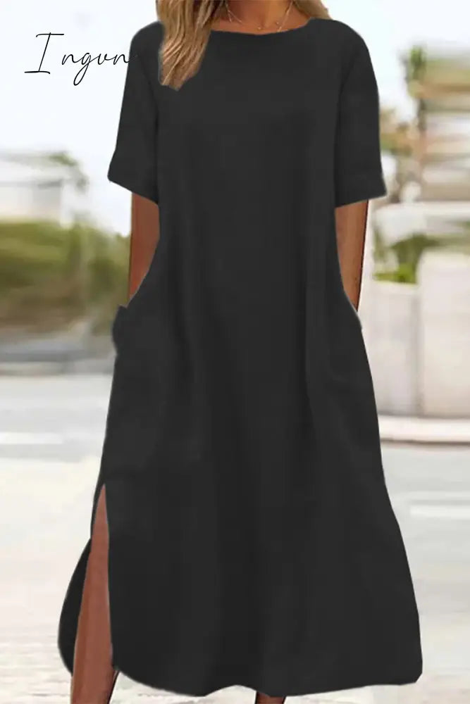 Ingvn - Casual Simplicity Leopard Pocket Slit O Neck Short Sleeve Dresses Black / S Dresses/Casual
