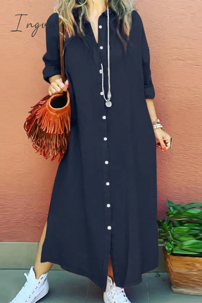 Ingvn - Casual Simplicity Solid Buckle Turndown Collar Shirt Dress Dresses Dresses/Casual