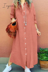 Ingvn - Casual Simplicity Solid Buckle Turndown Collar Shirt Dress Dresses Pink / S Dresses/Casual