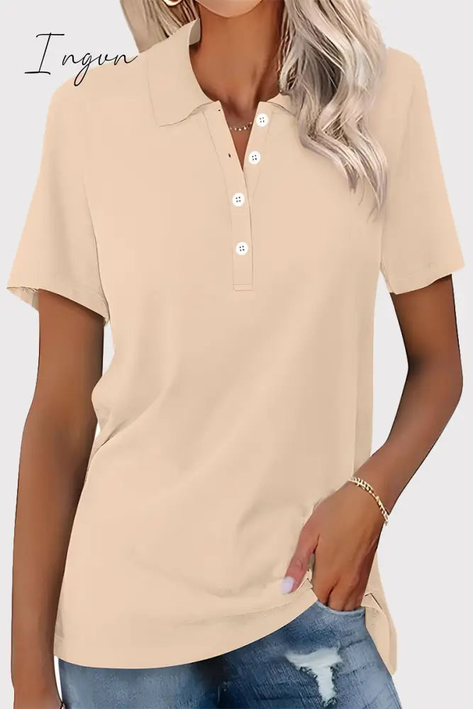 Ingvn - Casual Simplicity Solid Buckle Turndown Collar T-Shirts Apricot / S Tops/Tees & T-Shirts