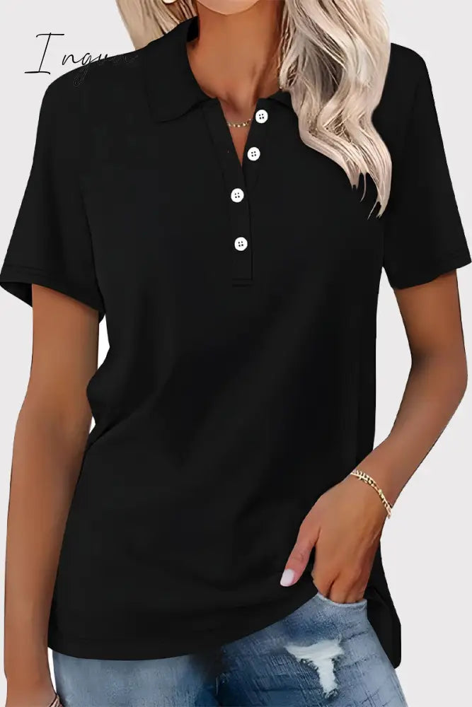 Ingvn - Casual Simplicity Solid Buckle Turndown Collar T-Shirts Black / S Tops/Tees & T-Shirts
