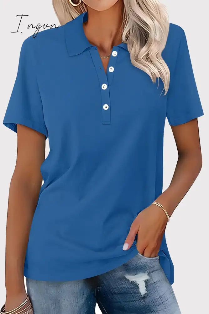 Ingvn - Casual Simplicity Solid Buckle Turndown Collar T-Shirts Blue / S Tops/Tees & T-Shirts