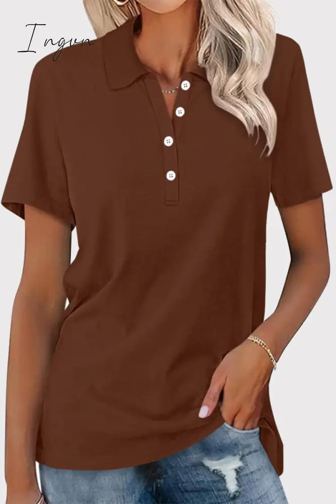 Ingvn - Casual Simplicity Solid Buckle Turndown Collar T-Shirts Brown / S Tops/Tees & T-Shirts