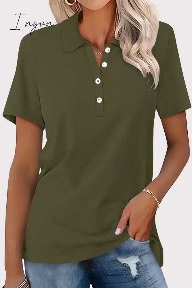 Ingvn - Casual Simplicity Solid Buckle Turndown Collar T-Shirts Green / S Tops/Tees & T-Shirts