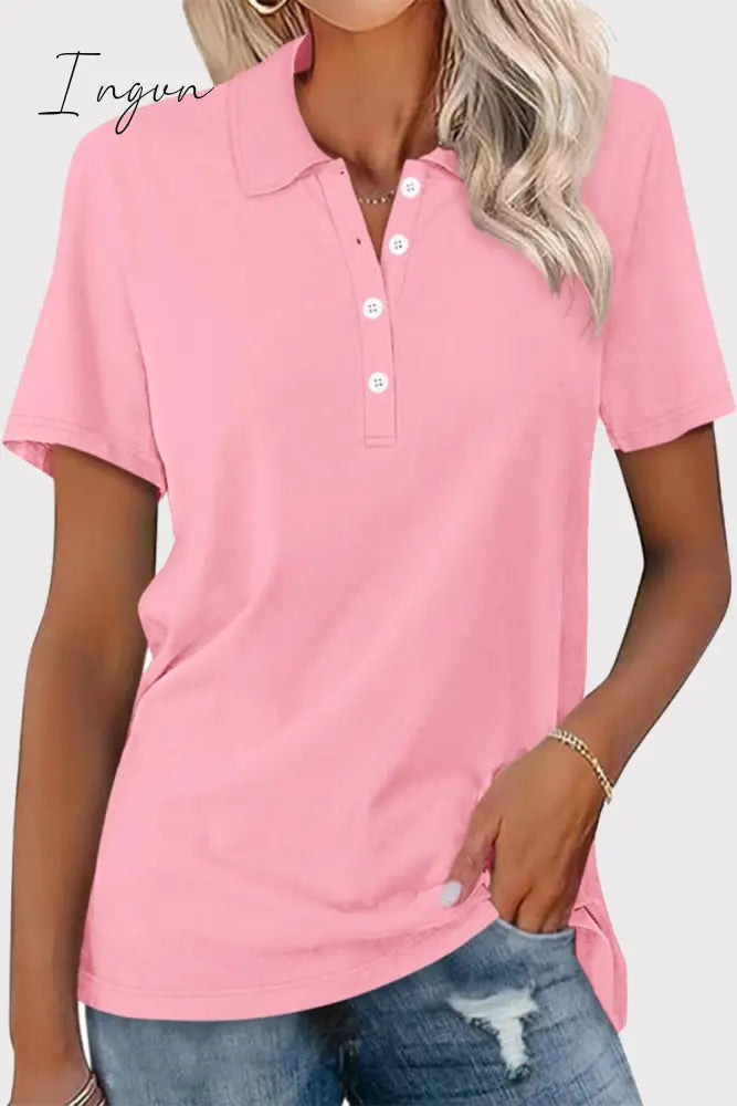 Ingvn - Casual Simplicity Solid Buckle Turndown Collar T-Shirts Light Pink / S Tops/Tees & T-Shirts