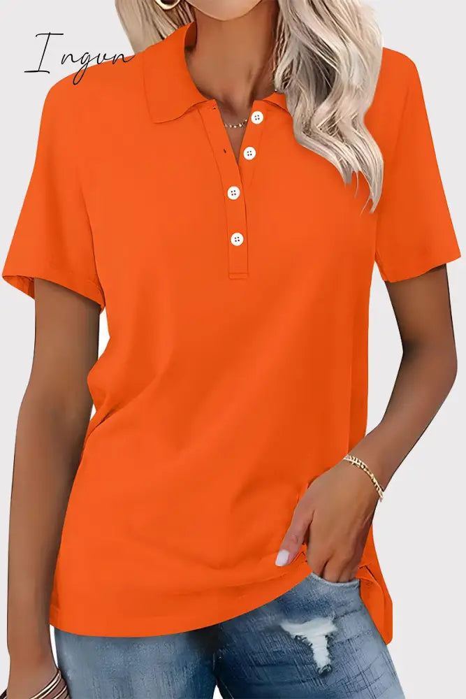 Ingvn - Casual Simplicity Solid Buckle Turndown Collar T-Shirts Orange / S Tops/Tees & T-Shirts