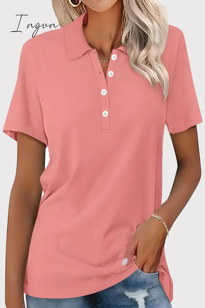 Ingvn - Casual Simplicity Solid Buckle Turndown Collar T-Shirts Pink / S Tops/Tees & T-Shirts