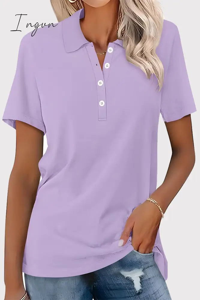 Ingvn - Casual Simplicity Solid Buckle Turndown Collar T-Shirts Purple / S Tops/Tees & T-Shirts