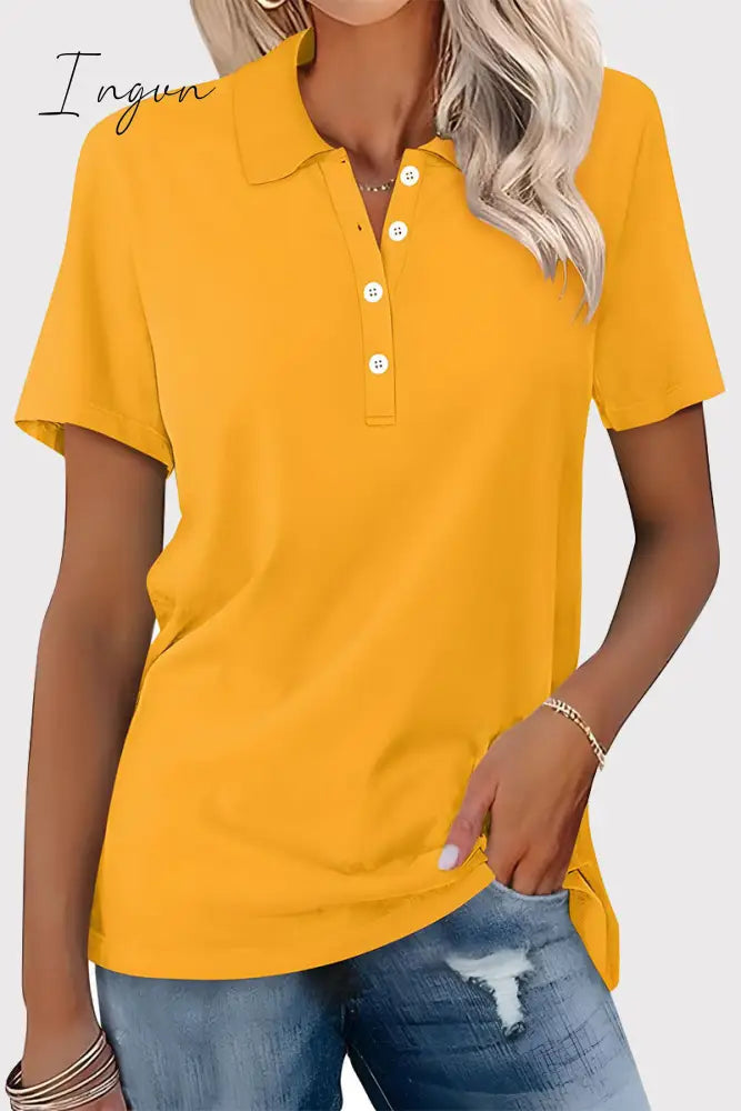Ingvn - Casual Simplicity Solid Buckle Turndown Collar T-Shirts Yellow / S Tops/Tees & T-Shirts