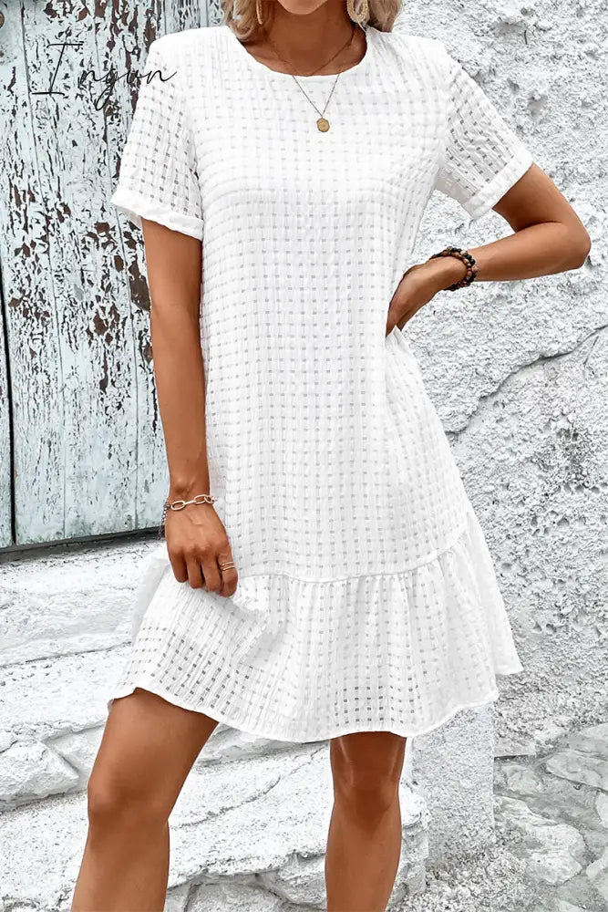 Ingvn - Casual Simplicity Solid Hollowed Out O Neck A Line Short Sleeve Dress Dresses/Short