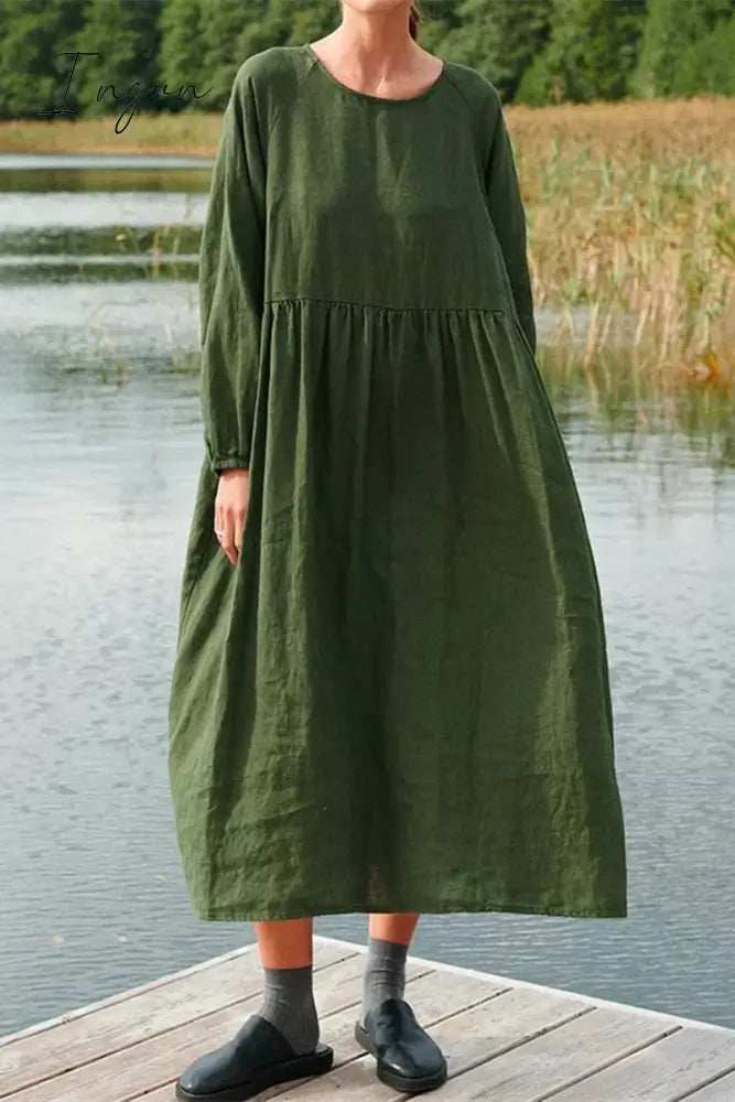Ingvn - Casual Simplicity Solid O Neck Long Sleeve Dresses Army Green / S Dresses/Casual
