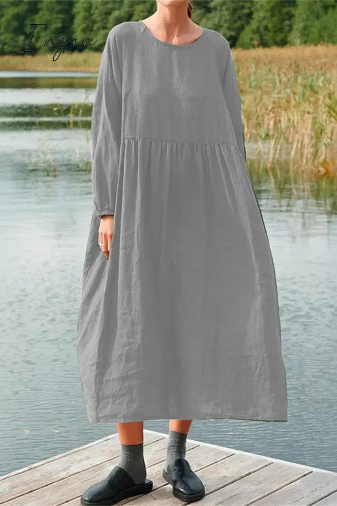Ingvn - Casual Simplicity Solid O Neck Long Sleeve Dresses Grey / S Dresses/Casual