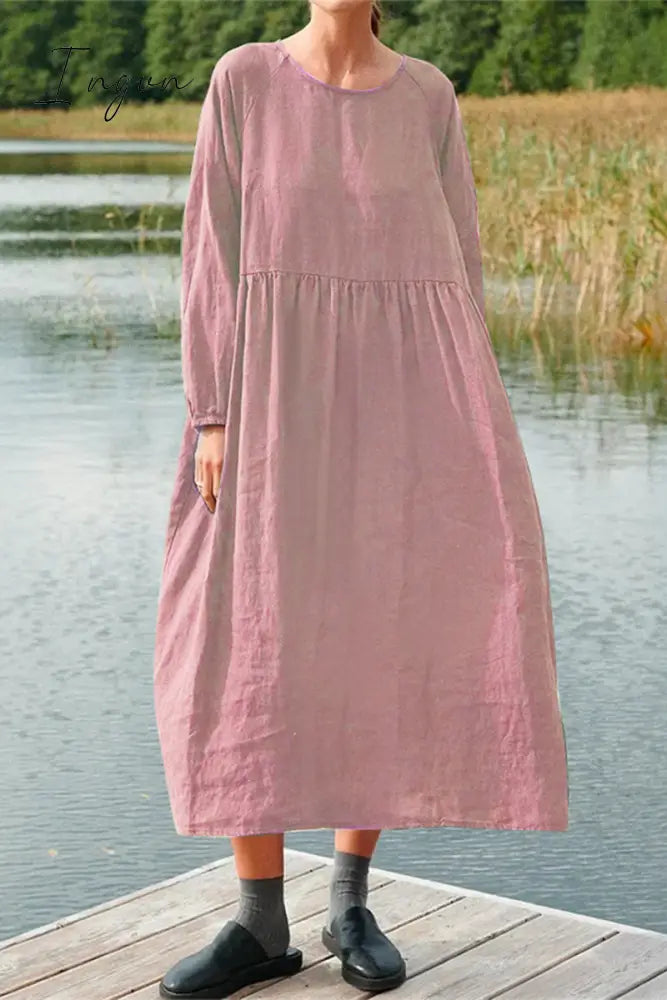Ingvn - Casual Simplicity Solid O Neck Long Sleeve Dresses Pink / S Dresses/Casual