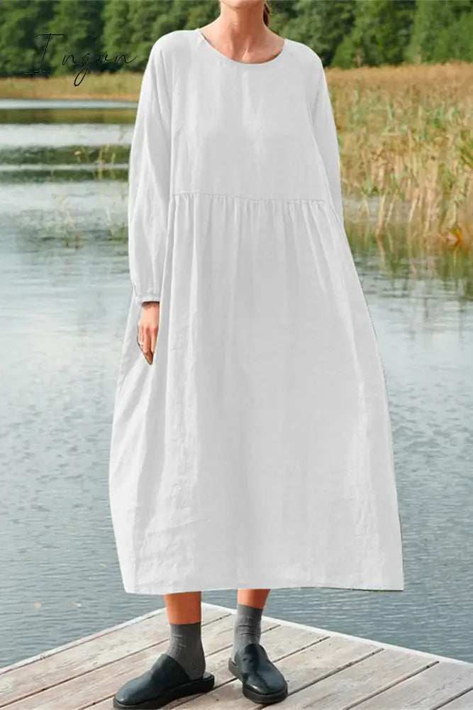 Ingvn - Casual Simplicity Solid O Neck Long Sleeve Dresses White / S Dresses/Casual