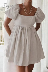 Ingvn - Casual Simplicity Solid Patchwork Square Collar Princess Short Sleeve Dress Khaki / S