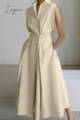 Ingvn - Casual Simplicity Solid Pocket Fold V Neck Shirt Dresses Dresses/Casual