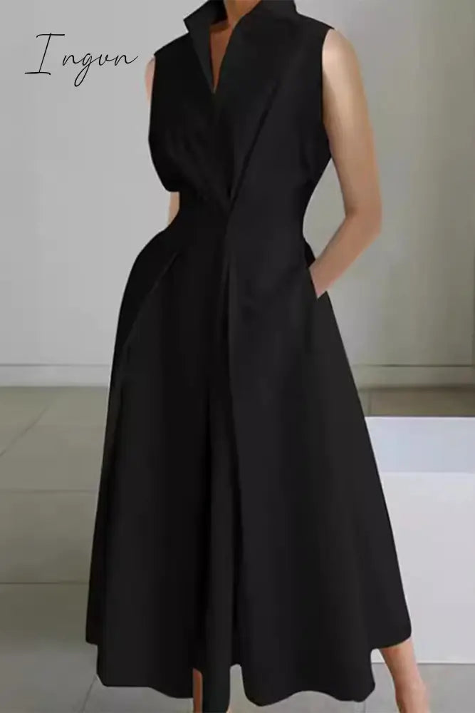 Ingvn - Casual Simplicity Solid Pocket Fold V Neck Shirt Dresses Black / S Dresses/Casual