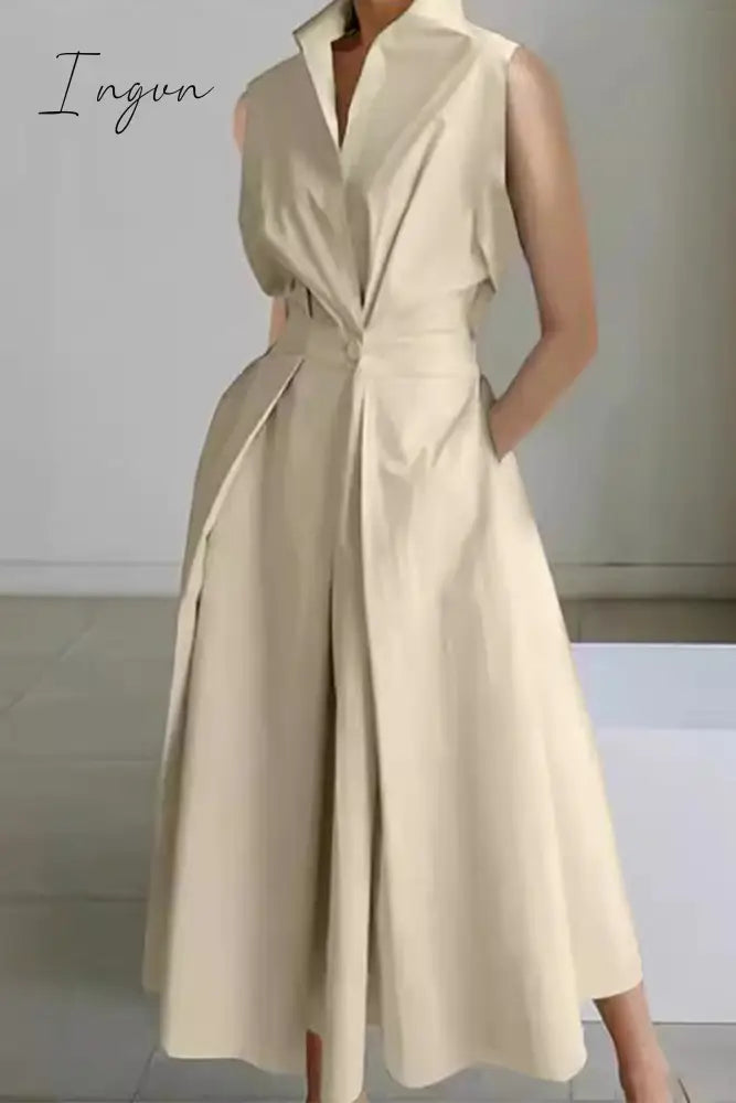 Ingvn - Casual Simplicity Solid Pocket Fold V Neck Shirt Dresses Cream White / S Dresses/Casual
