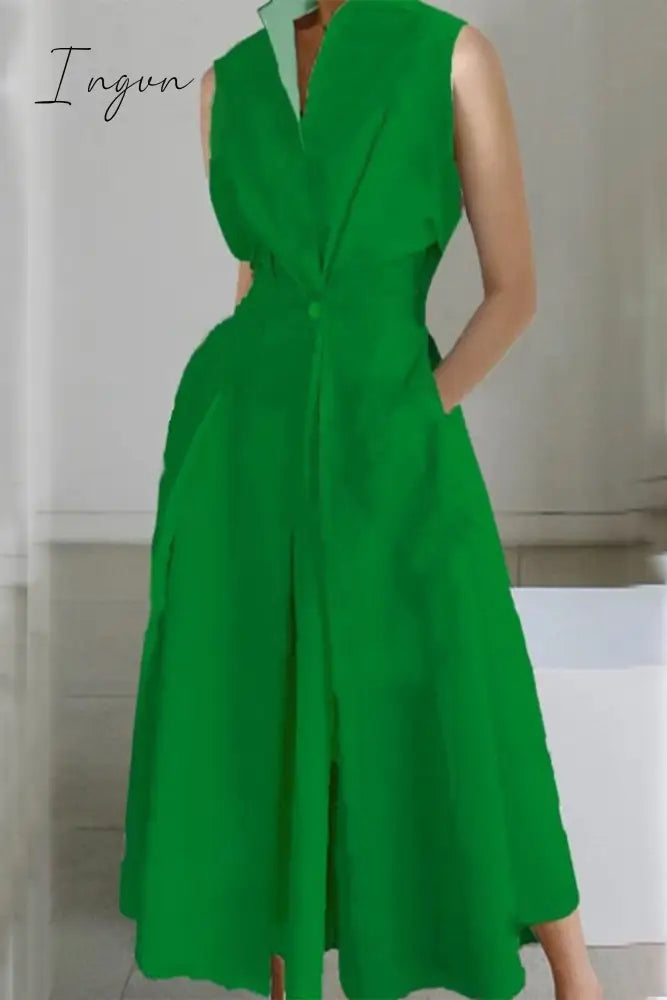 Ingvn - Casual Simplicity Solid Pocket Fold V Neck Shirt Dresses Green / S Dresses/Casual