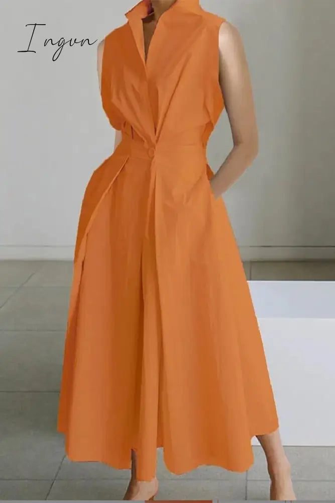 Ingvn - Casual Simplicity Solid Pocket Fold V Neck Shirt Dresses Orange Red / S Dresses/Casual