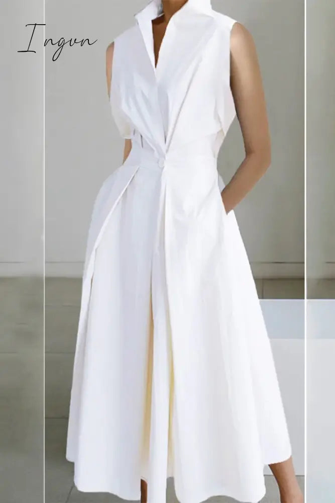 Ingvn - Casual Simplicity Solid Pocket Fold V Neck Shirt Dresses White / S Dresses/Casual
