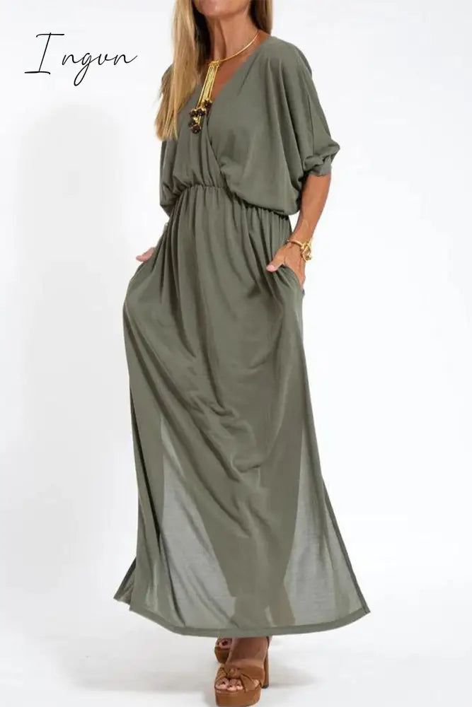 Ingvn - Casual Simplicity Solid Pocket Slit V Neck A Line Dresses Army Green / S Dresses/Casual