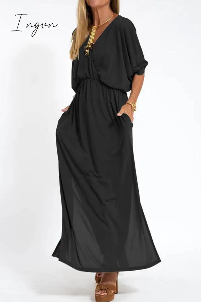 Ingvn - Casual Simplicity Solid Pocket Slit V Neck A Line Dresses Black / S Dresses/Casual