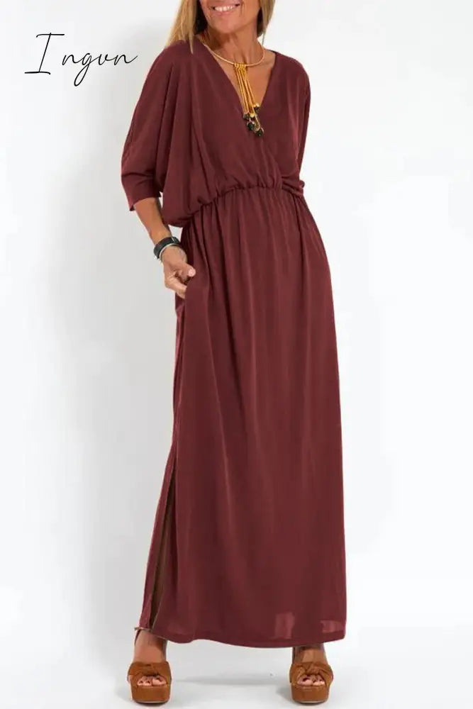 Ingvn - Casual Simplicity Solid Pocket Slit V Neck A Line Dresses Burgundy / S Dresses/Casual