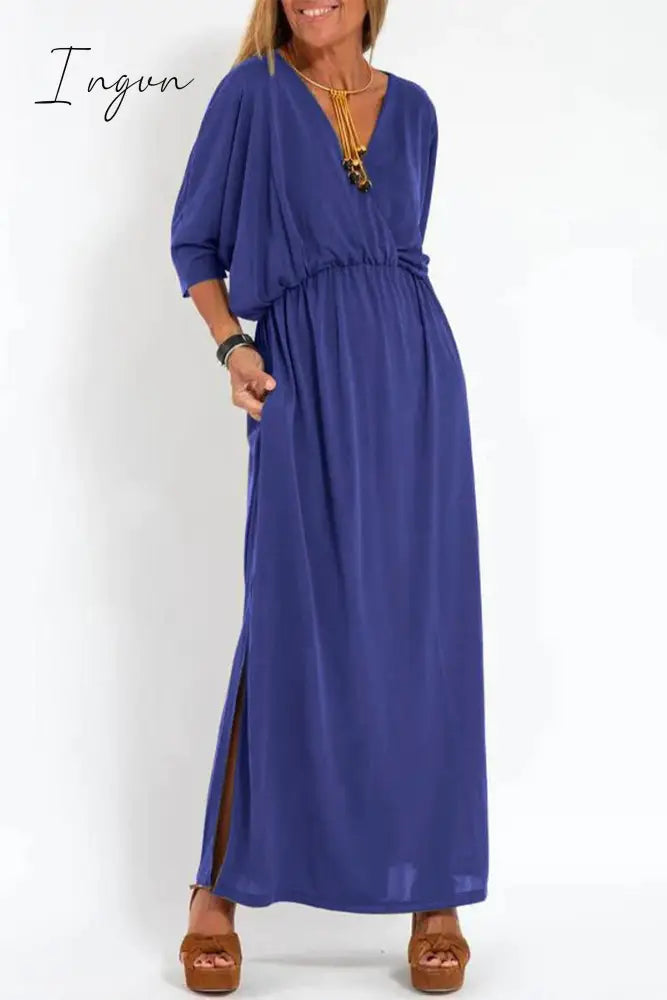 Ingvn - Casual Simplicity Solid Pocket Slit V Neck A Line Dresses Deep Blue / S Dresses/Casual