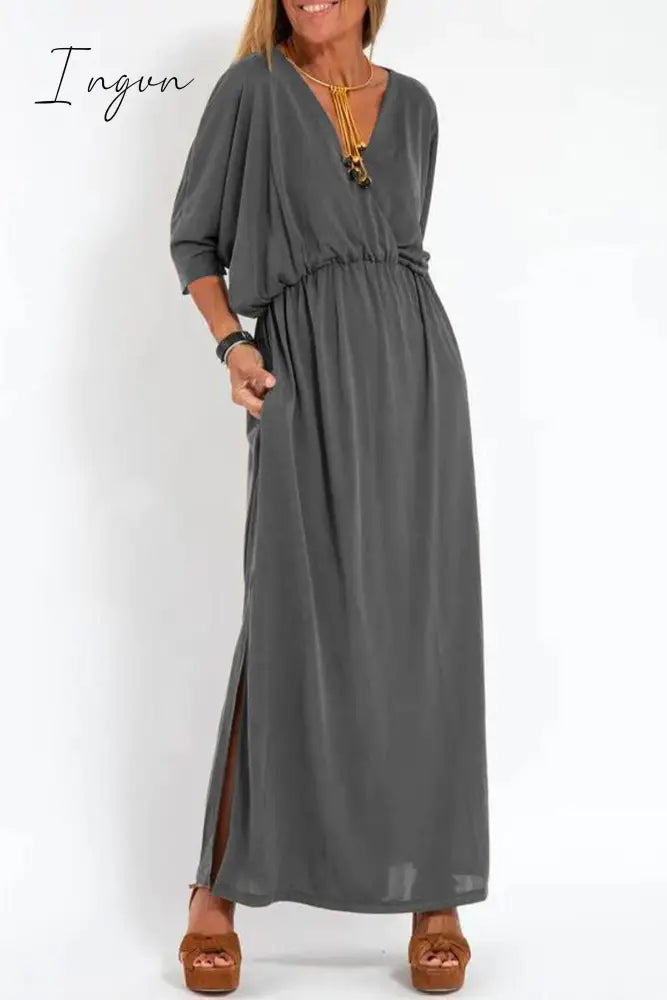 Ingvn - Casual Simplicity Solid Pocket Slit V Neck A Line Dresses Grey / S Dresses/Casual